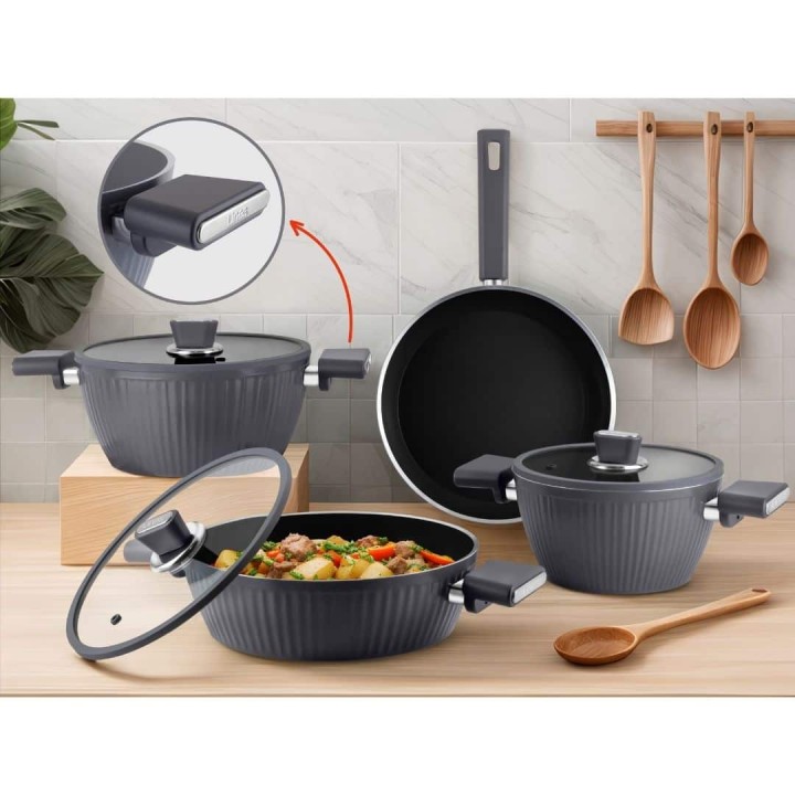  Kristal 7 Parça BioSeramik Tencere Seti İndüksiyon Taban - Gri - Lines