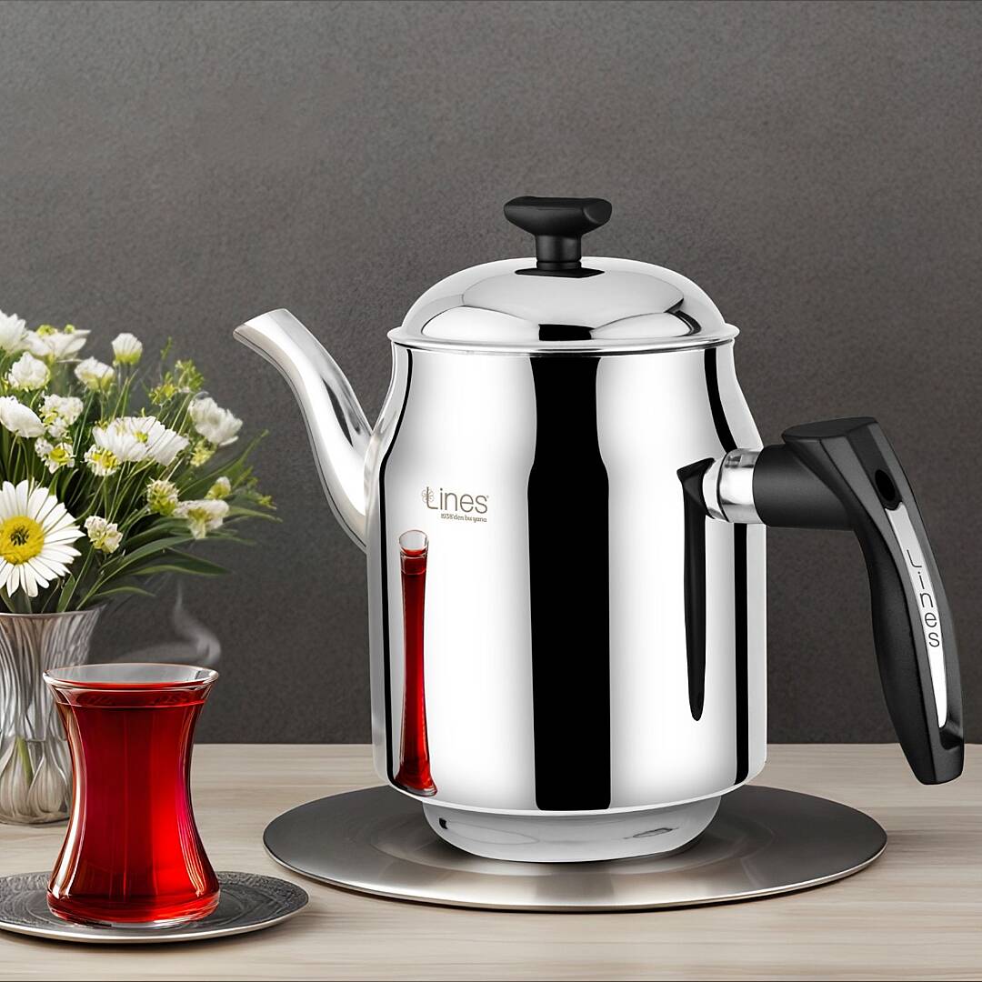 Lines Paslanmaz Çelik Kahveci Demlik Siyah Kulplu Modern Çay Demliği - 3