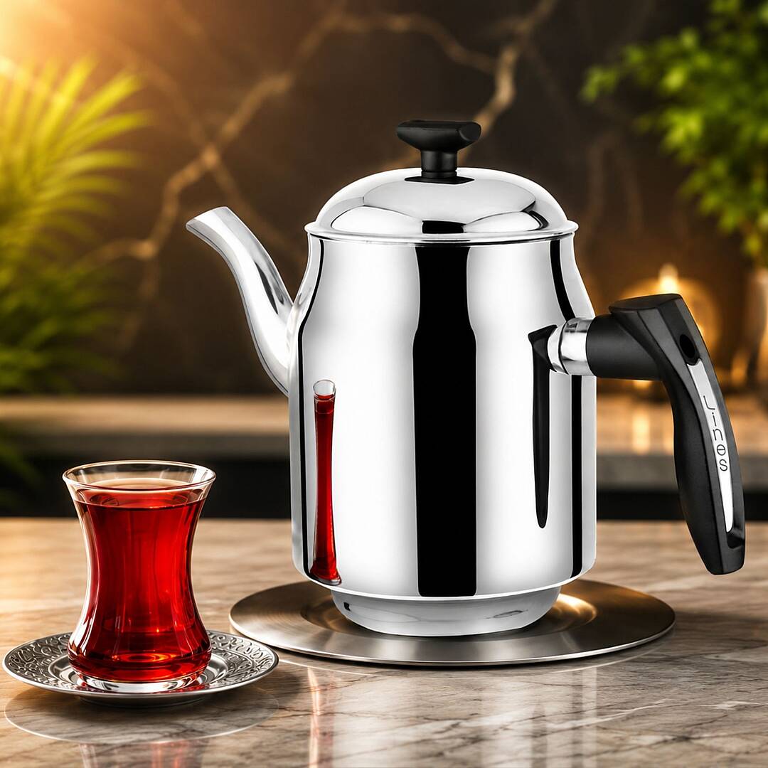 Lines Paslanmaz Çelik Kahveci Demlik Siyah Kulplu Modern Çay Demliği - 4