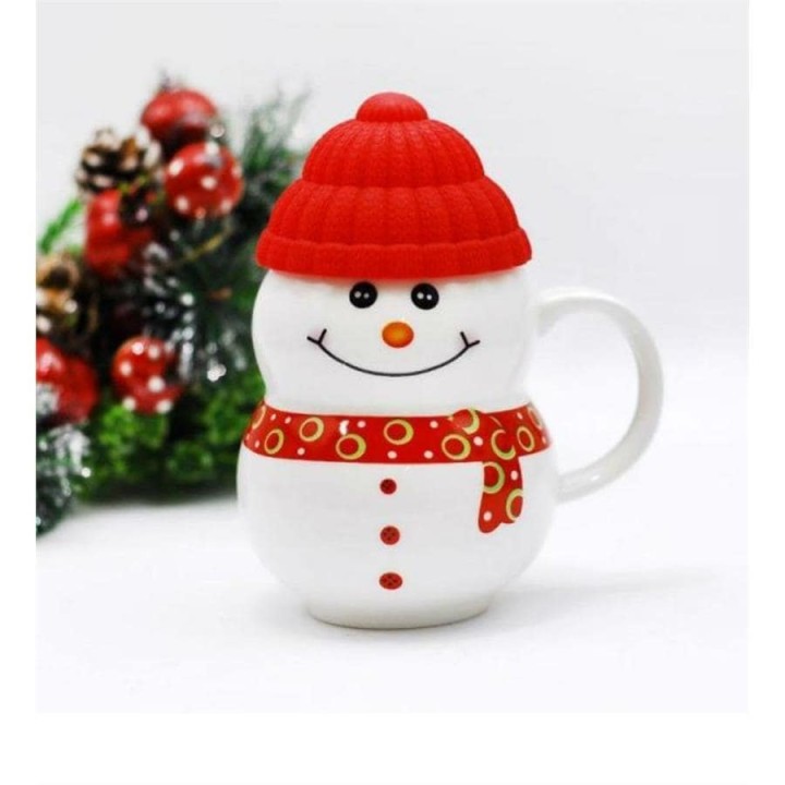 Kapaklı Kardan Adam Porselen Kupa - Mug - Kırmızı - Thumbnail