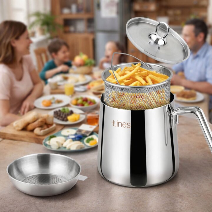 Lines Çok Amaçlı Paslanmaz Çelik Kızartma & Sebze Haşlama Potu – Süzgeç Aparatlı, 4 parça 2 Litre - Lines