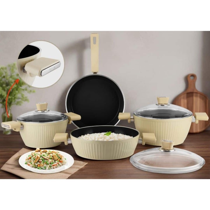 Kristal 7 Parça BioSeramik Tencere Seti İndüksiyon Taban - Krem - Lines