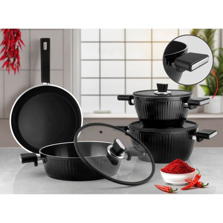 Kristal 7 Parça BioSeramik Tencere Seti İndüksiyon Taban - Siyah - Lines