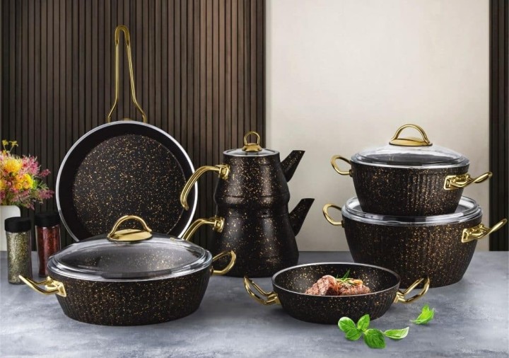 Lines 11 Parça Oscar Granit Desenli Çeyiz Tencere Seti Siyah - Lines