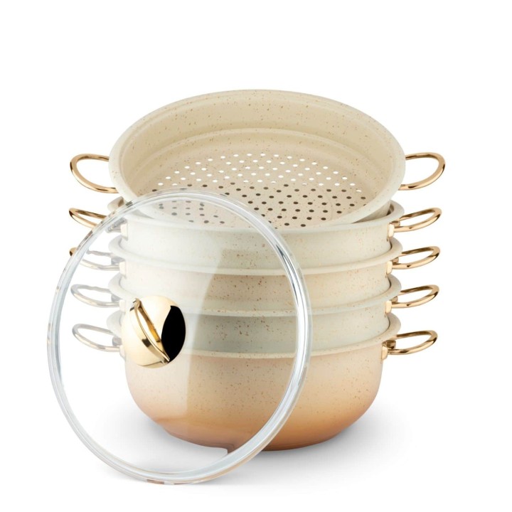 Lines 6 Parça Ø30 Altın Metal kulp Granit Desen Mantı Tencere Seti Buharlı Pişirme - Krem - Lines