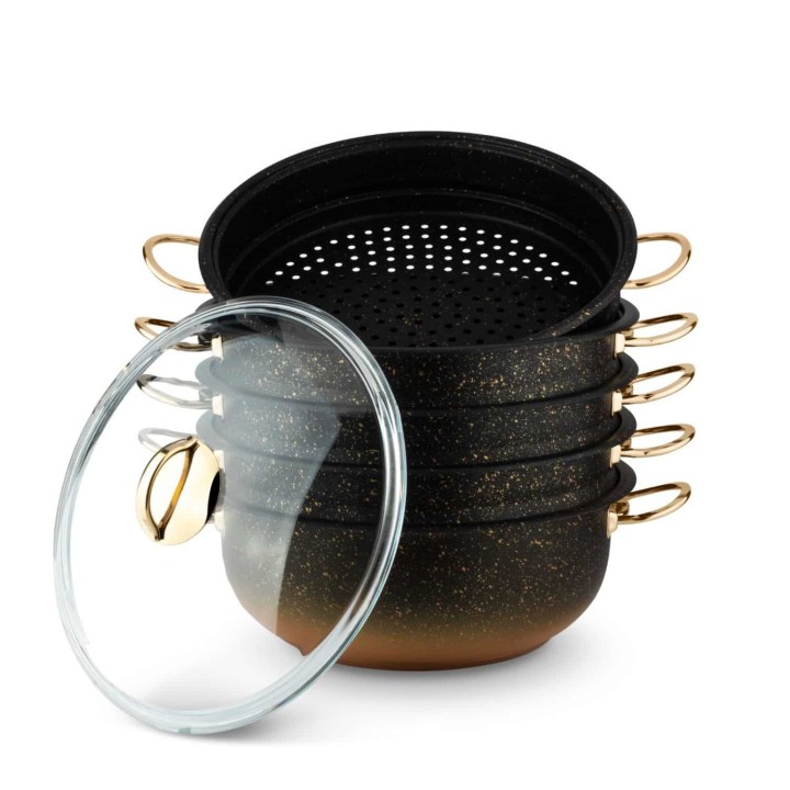 Lines 6 Parça Ø30 Altın Metal kulp Granit Desen Mantı Tencere Seti Buharlı Pişirme - Siyah - Lines