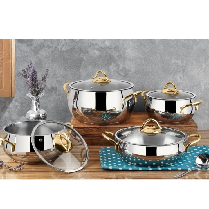 Lines 8 parça Zeycan Altın Kulp Küre Çelik Tencere Seti - Lines