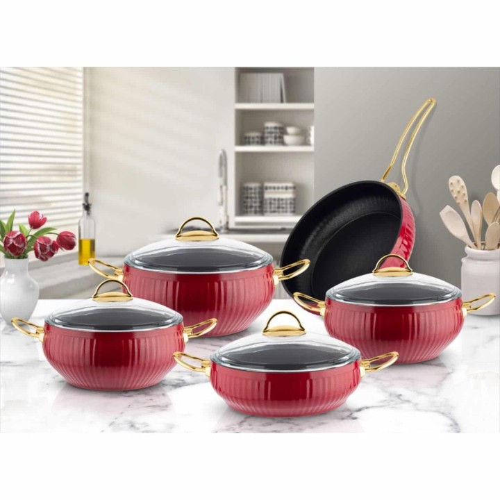 Lines 9 Parça Altın Metal Kulplu Kırmızı Granit Güveç Tencere Seti - Lines