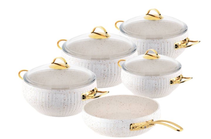 Lines 9 Parça Altın Metal Kulplu Beyaz Granit Güveç Tencere Seti - Lines