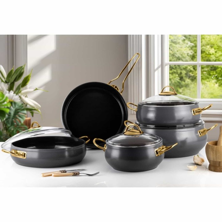 Lines 9 Parça Seramik Güveç Tencere Seti -Gri - Lines