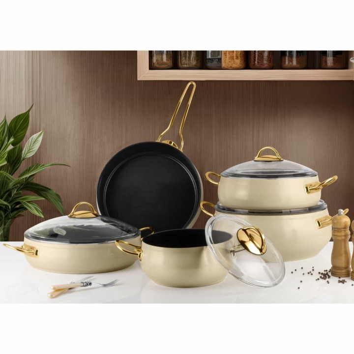 Lines 9 Parça Seramik Güveç Tencere Seti -Krem - Lines