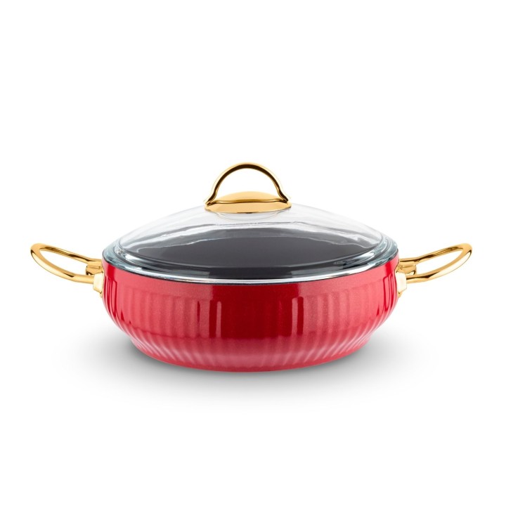 Lines Altın Metal Kulplu basık Granit Güveç Tencere - Kırmızı - Lines