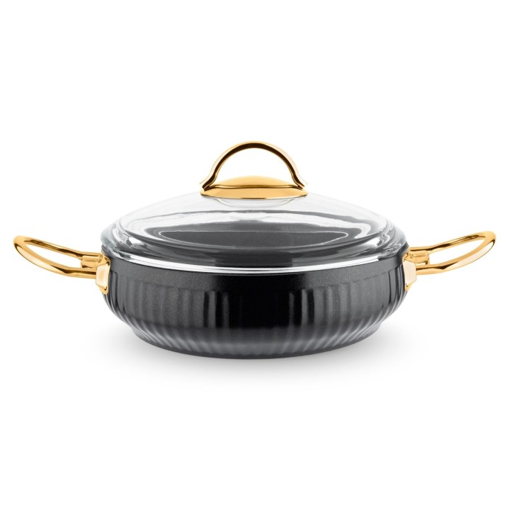 Lines Altın Metal Kulplu Basık Granit Güveç Tencere - Tam Siyah - Lines