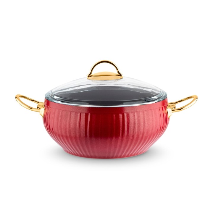 Lines Altın Metal Kulplu Derin Granit Güveç Tencere - Kırmızı - Lines
