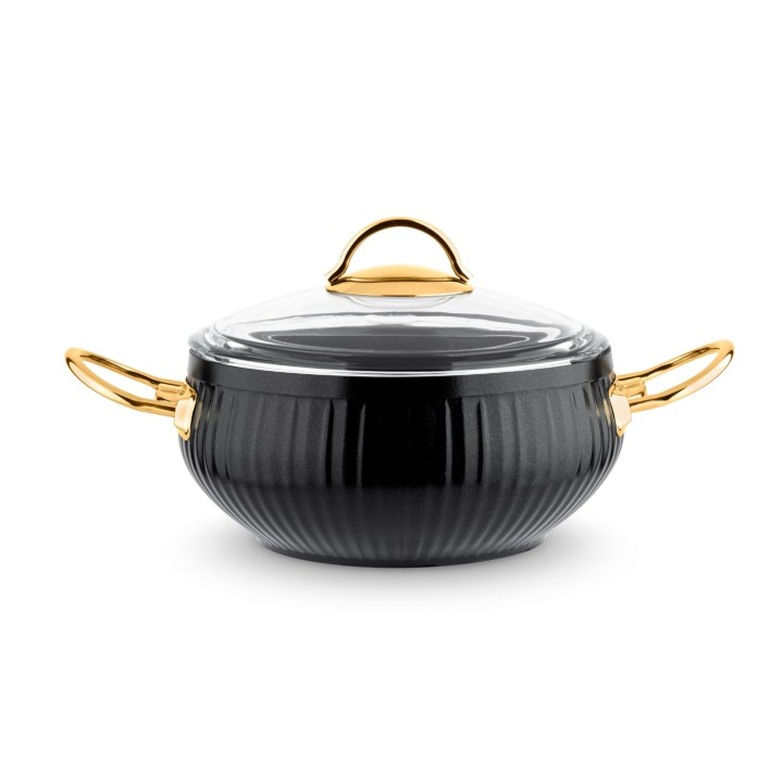 Lines Altın Metal Kulplu Derin Granit Güveç Tencere - Tam Siyah - Lines