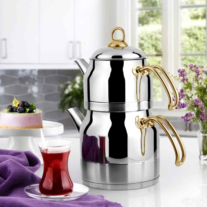 Lines Ayperi Altın Metal Kulplu Paslanmaz Çelik Çaydanlık - Lines