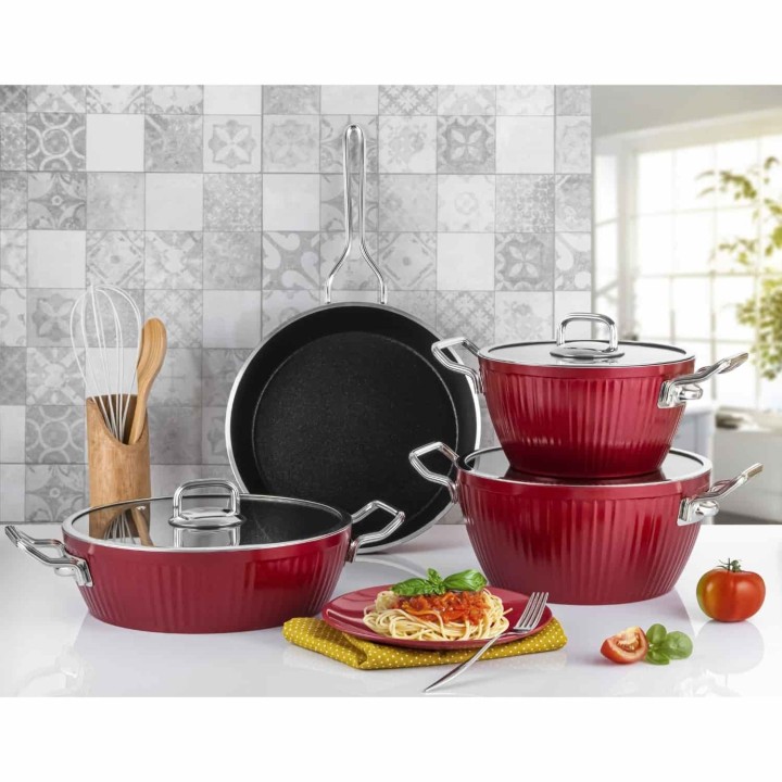 Lines Ayseren 7 Parça Granit Tencere Seti - Kırmızı - Lines