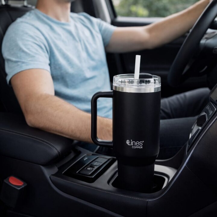 Lines Copper Paslanmaz Çelik Siyah Bardak Termos – Sızdırmaz Kapak – Taşıma Kulplu Mug - 2