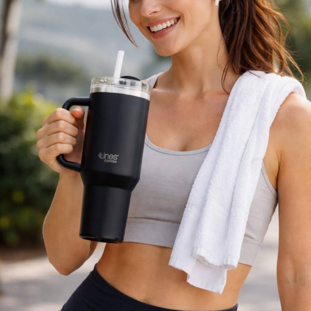 Lines Copper Paslanmaz Çelik Siyah Bardak Termos – Sızdırmaz Kapak – Taşıma Kulplu Mug - 1