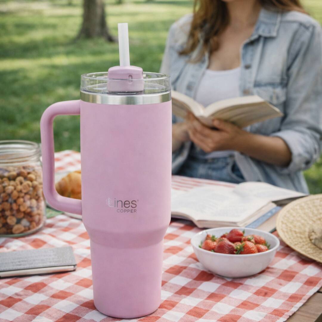  Lines Copper Paslanmaz Çelik Pembe Bardak Termos – Sızdırmaz Kapak – Taşıma Kulplu Mug - 1
