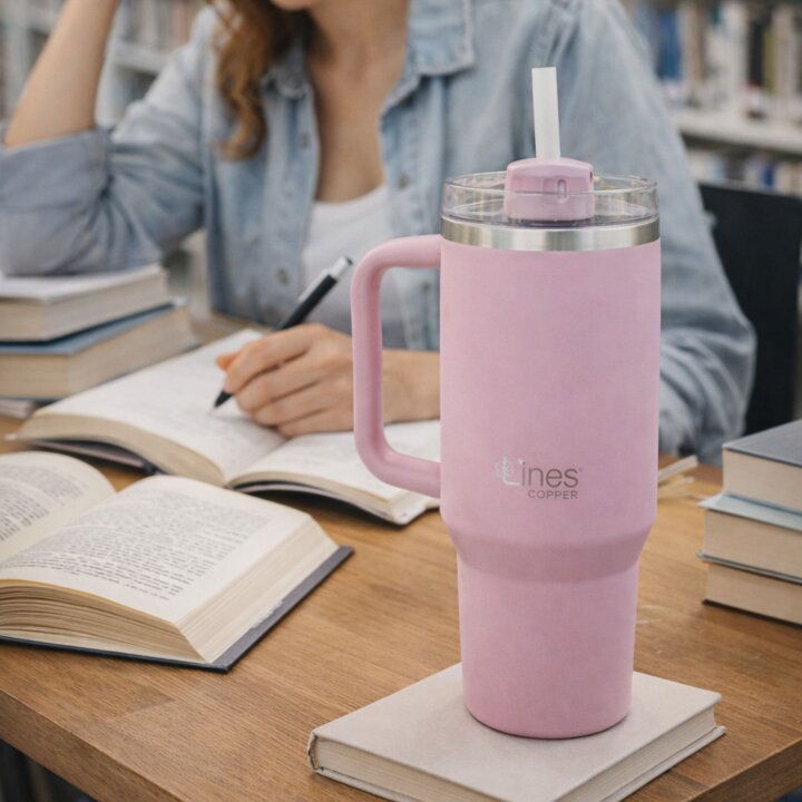  Lines Copper Paslanmaz Çelik Pembe Bardak Termos – Sızdırmaz Kapak – Taşıma Kulplu Mug - 2