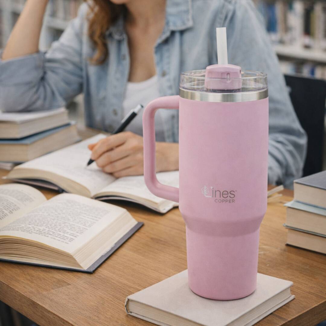  Lines Copper Paslanmaz Çelik Pembe Bardak Termos – Sızdırmaz Kapak – Taşıma Kulplu Mug - 2