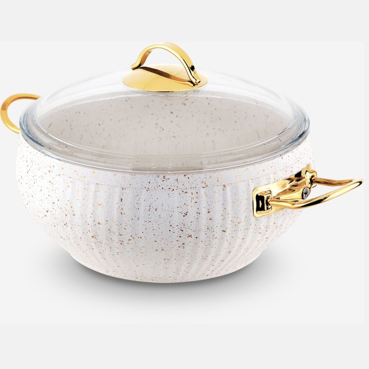 Lines Beyaz Granit Desenli Güveç Derin Tencere Altın Metal Kulp - Lines