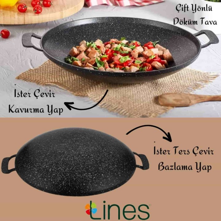 Lines Çok Amaçlı Granit Pişirme Tavası - Çift Yönlü Döküm Sac Kavurma Gözleme Tavası - Siyah - Thumbnail