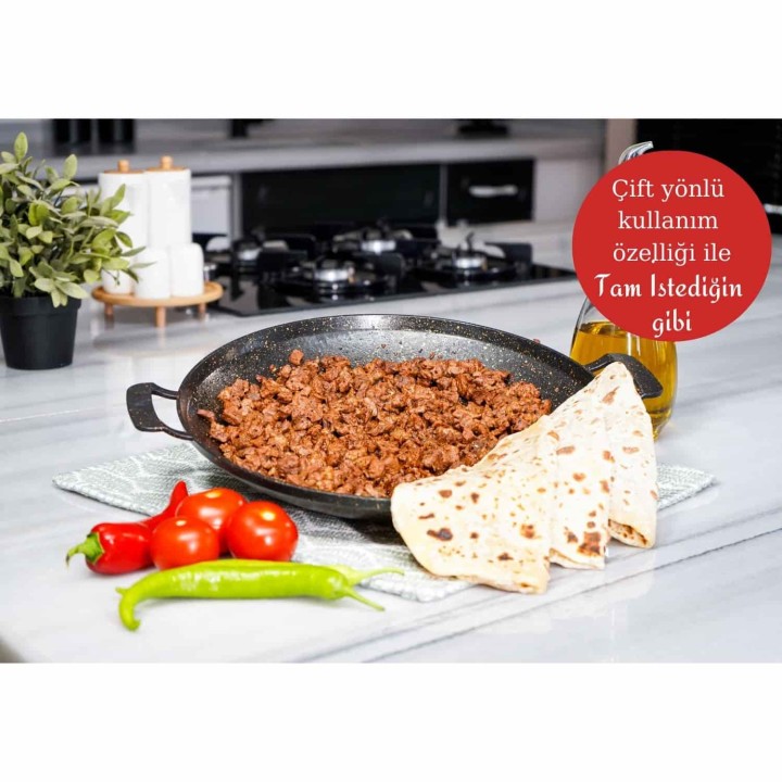 Lines Çok Amaçlı Granit Pişirme Tavası - Çift Yönlü Döküm Sac Kavurma Gözleme Tavası - Gri - Lines