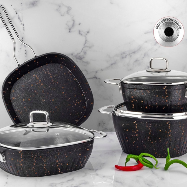 Lines Defne 7 Parça Metal Kulplu İndüksiyon Taban Kare Granit Tencere Seti - Siyah Stone - Lines