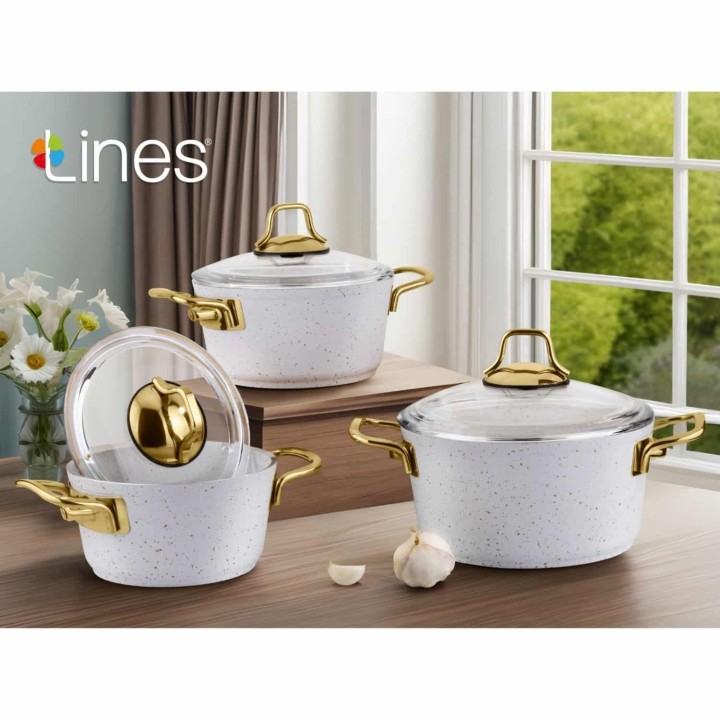 Lines Klasik 6 parça Granit Tencere Seti Beyaz - Altın Kulplu - Lines