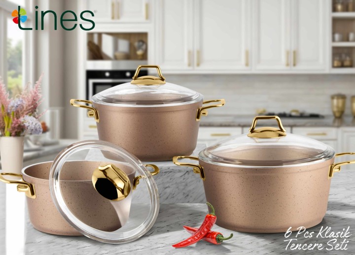 Lines Klasik 6 parça Granit Tencere Seti Kahve - Altın Kulplu - Lines