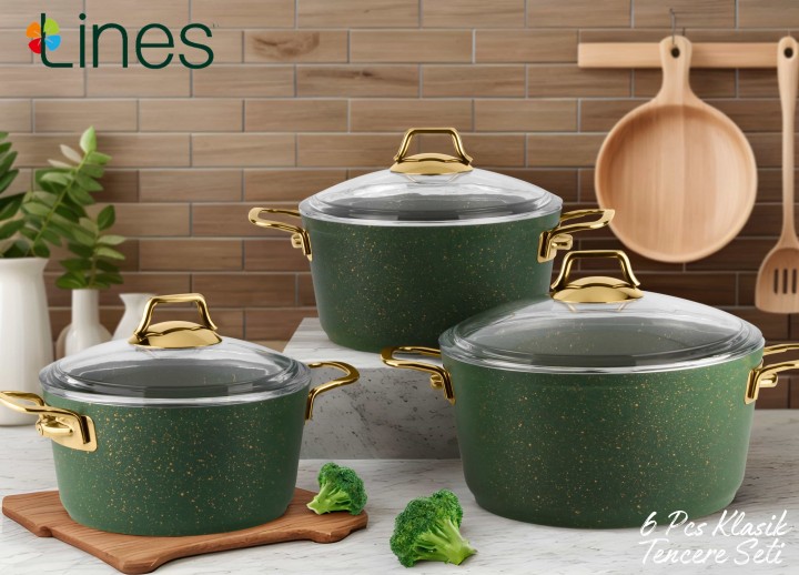 Lines Klasik 6 parça Granit Tencere Seti Yeşil - Altın Kulplu - Lines