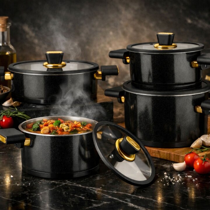 Lines Luxury 8 Parça Çelik Tencere Seti – İçi %100 Paslanmaz Çelik, Dışı Granit Kaplama Premium Tencere Seti - 