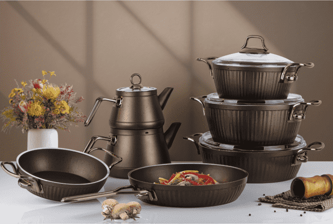 Lines Maya 11 Parça Granit Desenli Tencere Seti Bakır Metal Kulp - Lines