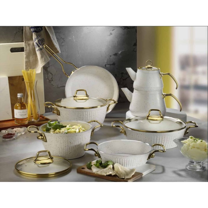 Lines Maya 11 Parça Granit Desenli Tencere Seti Altın Metal Kulp- Beyaz - Lines