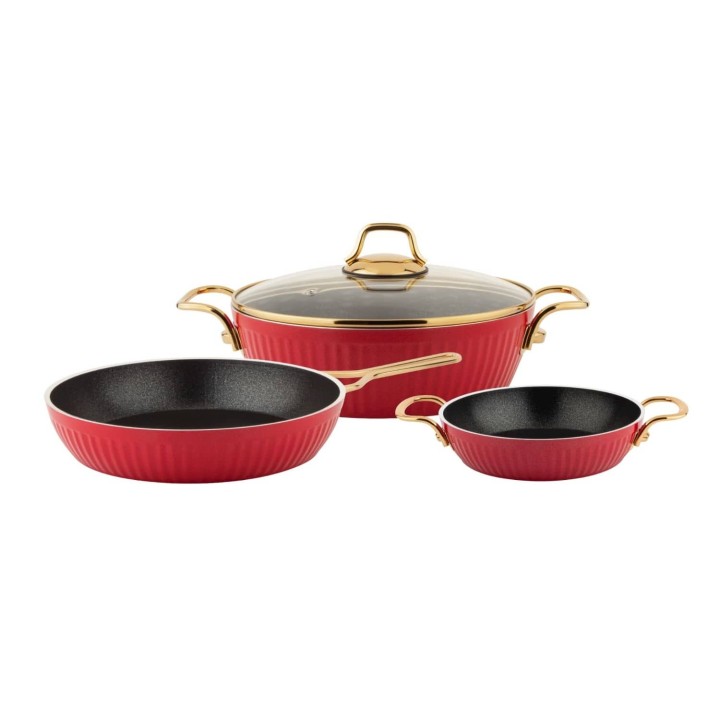 Lines Maya 4 Parça Granit Basık Tencere Seti Altın Metal Kulp - Kırmızı - Lines