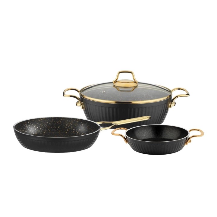 Lines Maya 4 Parça Granit Basık Tencere Seti Altın Metal Kulp - Siyah - Lines