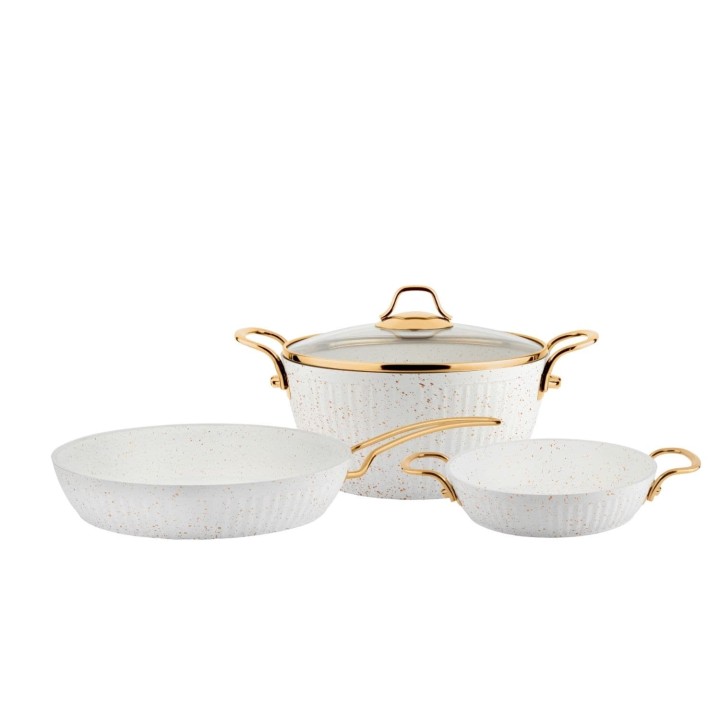 Lines Maya 4 Parça Granit Derin Tencere Seti Altın Metal Kulp - Beyaz - Lines