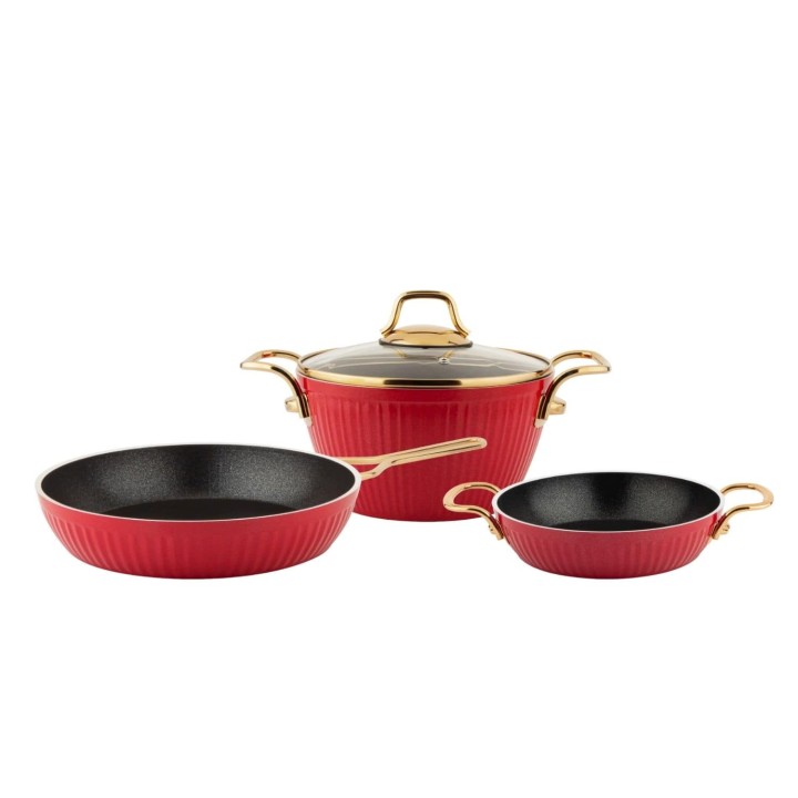 Lines Maya 4 Parça Granit Derin Tencere Seti Altın Metal Kulp - Kırmızı - Lines