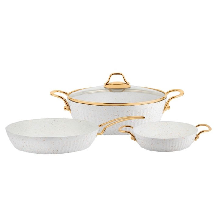 Lines Maya 4 Parça Granit Basık Tencere Seti Altın Metal Kulp - Beyaz - Lines