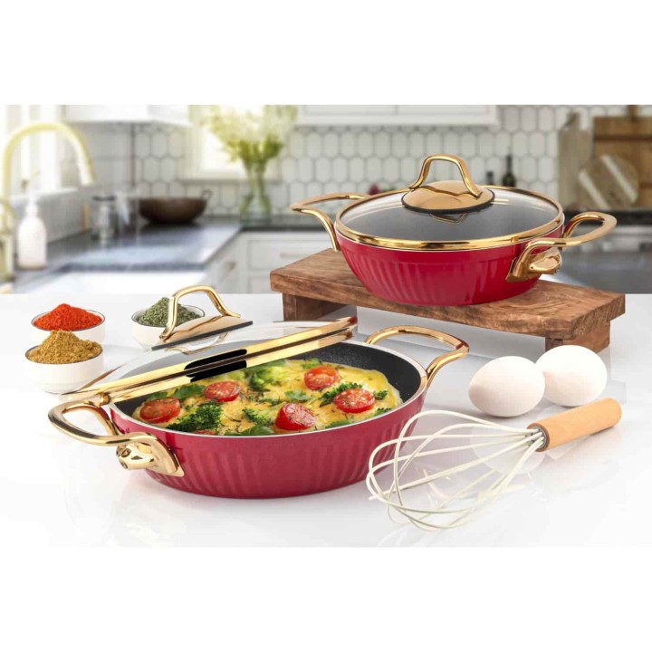 Lines Maya 4 Parça Granit Sahan Seti Altın Metal Kulp - Kırmızı - Lines