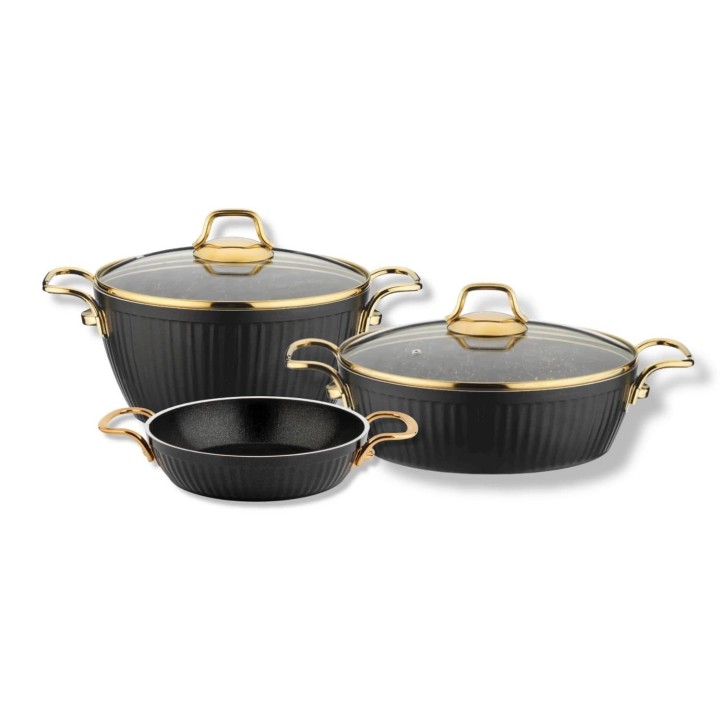 Lines Maya 5 Parça Granit Tencere Seti Altın Metal Kulp - Siyah (22 Derin + 26 Basık + 22 Sahan) - Lines