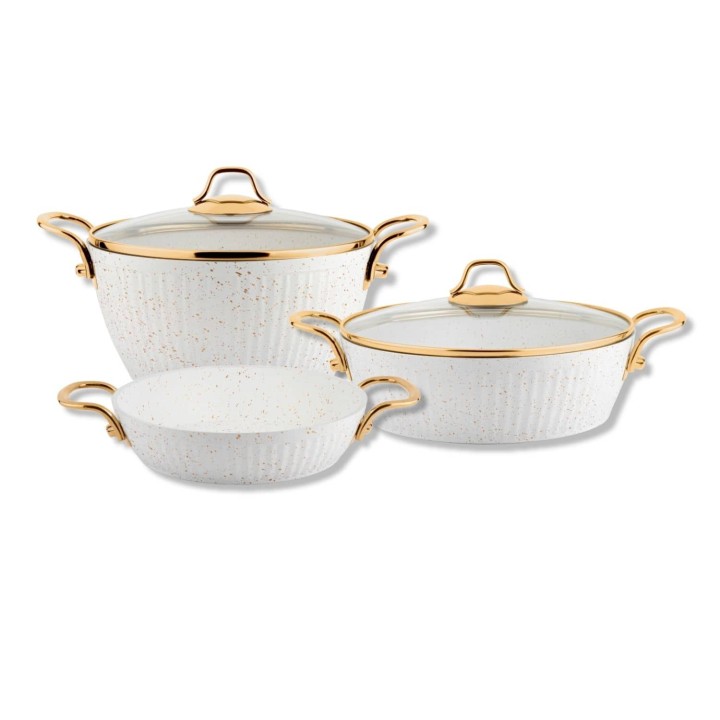 Lines Maya 5 Parça Granit Tencere Seti Altın Metal Kulp - Beyaz (22 Derin + 26 Basık + 22 Sahan) - Lines