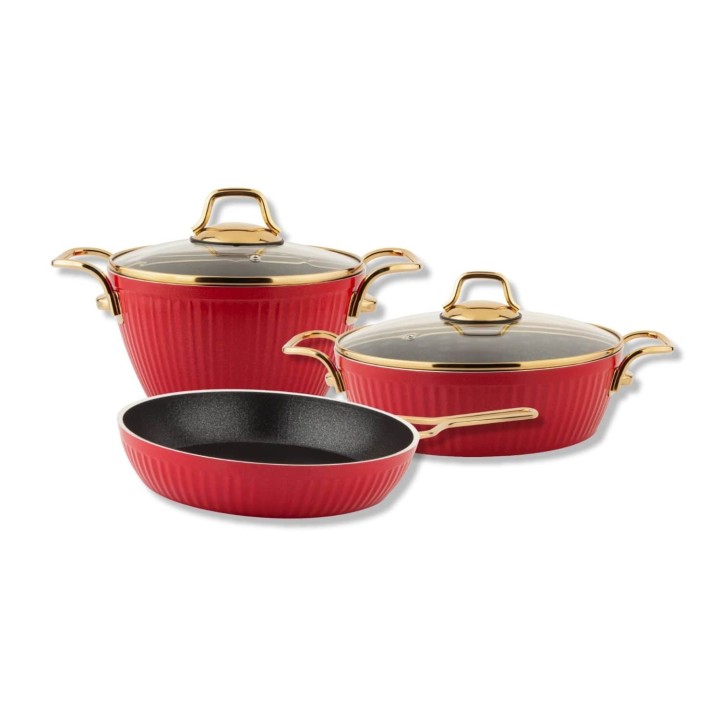 Lines Maya 5 Parça Granit Tencere Seti Altın Metal Kulp - Kırmızı (20 Derin + 24 Basık + 26 Tava) - Lines