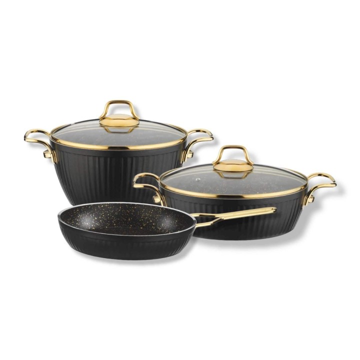 Lines Maya 5 Parça Granit Tencere Seti Altın Metal Kulp - Siyah (20 Derin + 24 Basık + 26 Tava) - Lines