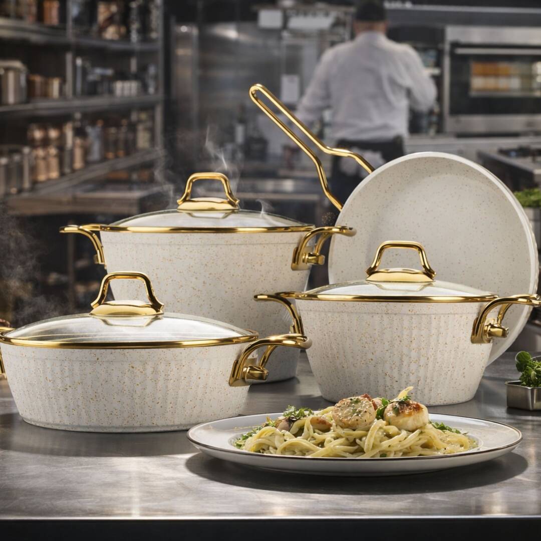 Lines Maya 7 Parça Granit Tencere Seti - Desenli Beyaz - 1