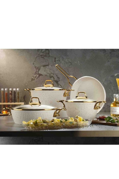 Lines Maya 7 Parça Granit Desenli Tencere Seti - Beyaz - Lines