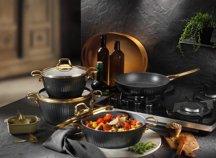 Lines Maya 7 Parça Granit Desenli Tencere Seti - Siyah - Lines