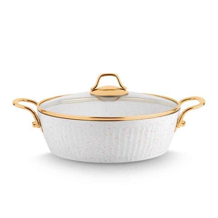 Lines Maya Granit Desenli Basık Tencere Altın Metal Kulp- Beyaz - Lines